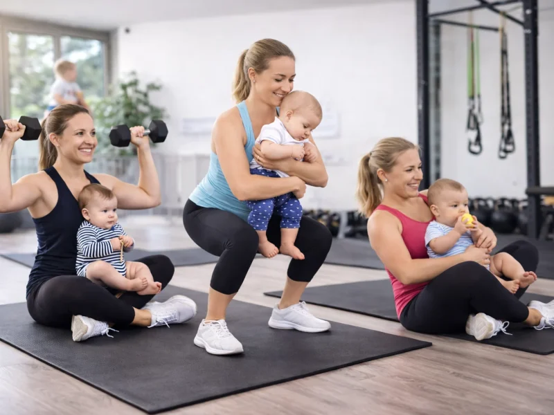 Mommys Gym - Drei Frauen machen Krafttraining, mit ihren Babys dabei