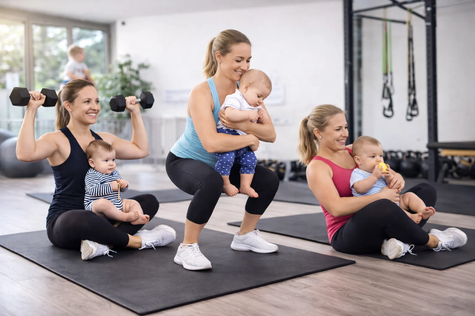 Mommys Gym - Drei Frauen machen Krafttraining, mit ihren Babys dabei